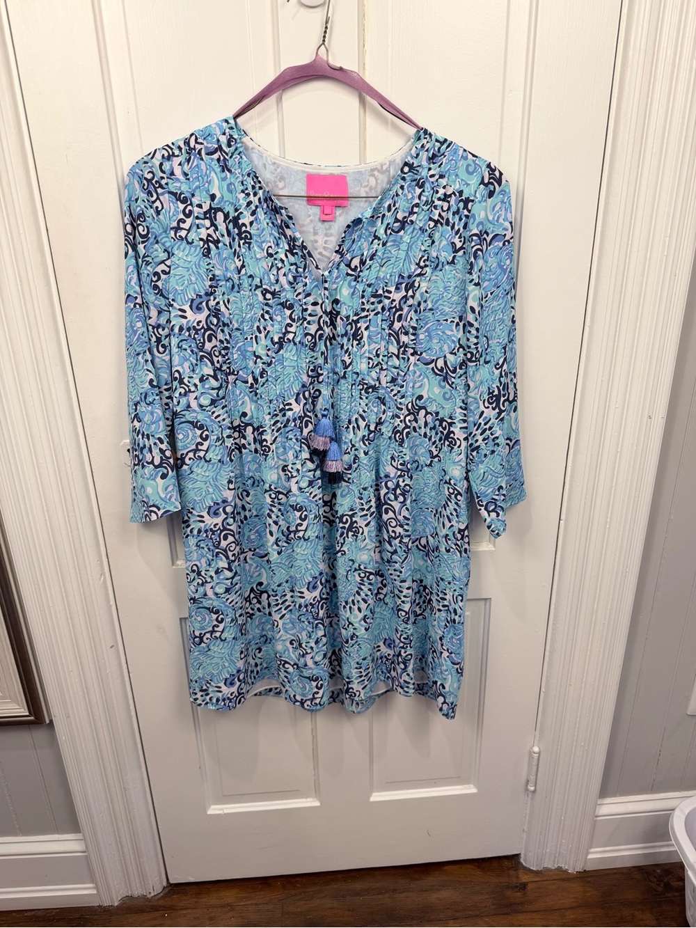 Lilly Pulitzer Light Blue Floral-Scroll V-Neck Dress with Tassel